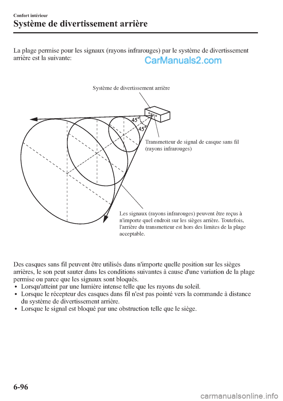 MAZDA MODEL CX-9 2013 Manuel du propriétaire (in French) La plage permise pour les signaux (rayons infrarouges) par le système de divertissement
arrière est la suivante:
Système de divertissement arrière
Transmetteur de signal de casque sans fil
(rayon MAZDA MODEL CX-9 2013 Manuel du propriétaire (in French) La plage permise pour les signaux (rayons infrarouges) par le système de divertissement
arrière est la suivante:
Système de divertissement arrière
Transmetteur de signal de casque sans fil
(rayon
