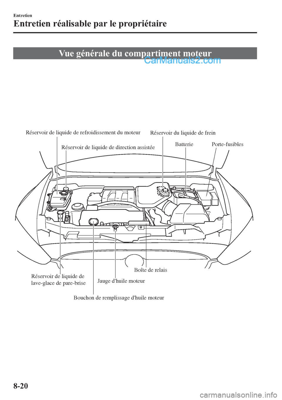 MAZDA MODEL CX-9 2013 Manuel du propriétaire (in French) Vue générale du compartiment moteur
Réservoir de liquide de refroidissement du moteur
Réservoir du liquide de frein
Batterie
Porte-fusibles
Réservoir de liquide de
lave-glace de pare-brise
Bouch MAZDA MODEL CX-9 2013 Manuel du propriétaire (in French) Vue générale du compartiment moteur
Réservoir de liquide de refroidissement du moteur
Réservoir du liquide de frein
Batterie
Porte-fusibles
Réservoir de liquide de
lave-glace de pare-brise
Bouch