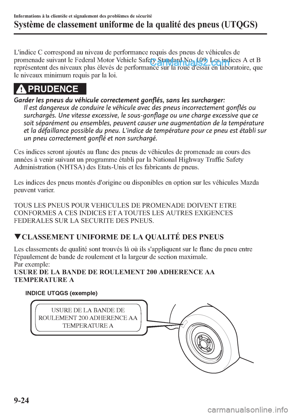 MAZDA MODEL CX-9 2013 Manuel du propriétaire (in French) Lindice C correspond au niveau de performance requis des pneus de véhicules de
promenade suivant le Federal Motor Vehicle Safety Standard No. 109. Les indices A et B
représentent des niveaux plus MAZDA MODEL CX-9 2013 Manuel du propriétaire (in French) Lindice C correspond au niveau de performance requis des pneus de véhicules de
promenade suivant le Federal Motor Vehicle Safety Standard No. 109. Les indices A et B
représentent des niveaux plus