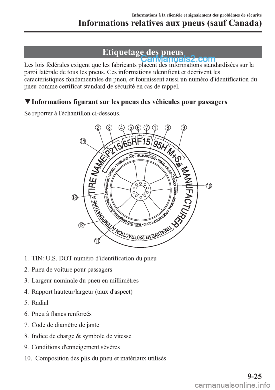 MAZDA MODEL CX-9 2013  Manuel du propriétaire (in French) Etiquetage des pneus
Les lois fédérales exigent que les fabricants placent des informations standardisées sur la
paroi latérale de tous les pneus. Ces informations identifient et décrivent les
ca