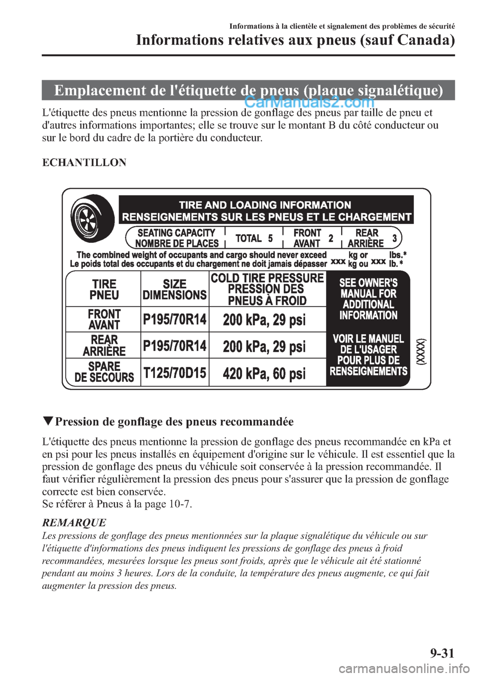 MAZDA MODEL CX-9 2013 Manuel du propriétaire (in French) Emplacement de létiquette de pneus (plaque signalétique)
Létiquette des pneus mentionne la pression de gonflage des pneus par taille de pneu et
dautres informations importantes; elle se trouve s MAZDA MODEL CX-9 2013 Manuel du propriétaire (in French) Emplacement de létiquette de pneus (plaque signalétique)
Létiquette des pneus mentionne la pression de gonflage des pneus par taille de pneu et
dautres informations importantes; elle se trouve s