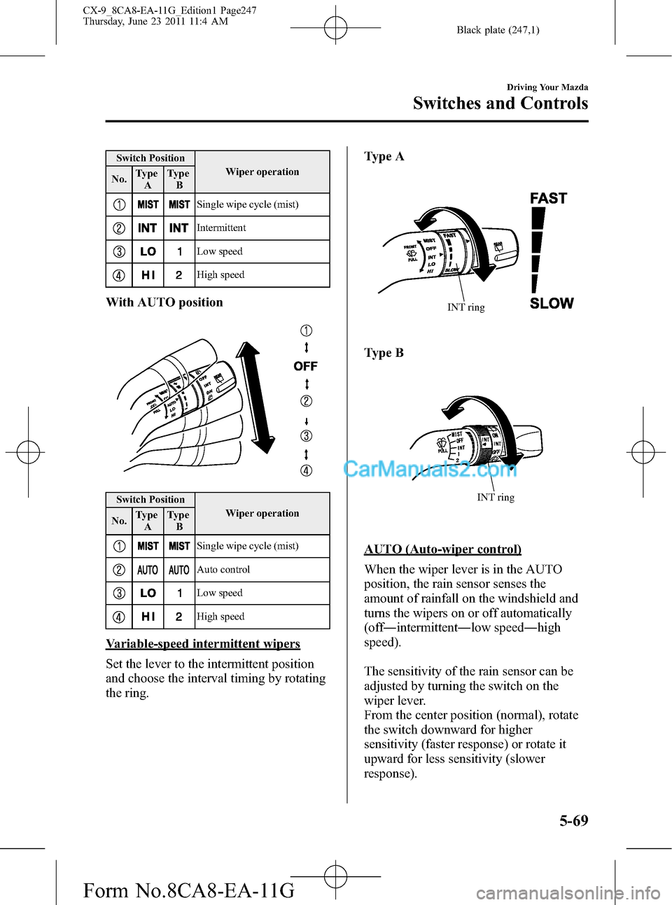 MAZDA MODEL CX-9 2012 Owners Manual (in English) Black plate (247,1)
Switch Position
Wiper operation
No.Type
AType
B
Single wipe cycle (mist)
Intermittent
Low speed
High speed
With AUTO position
Switch Position
Wiper operation
No.Type
AType
B
Single MAZDA MODEL CX-9 2012 Owners Manual (in English) Black plate (247,1)
Switch Position
Wiper operation
No.Type
AType
B
Single wipe cycle (mist)
Intermittent
Low speed
High speed
With AUTO position
Switch Position
Wiper operation
No.Type
AType
B
Single