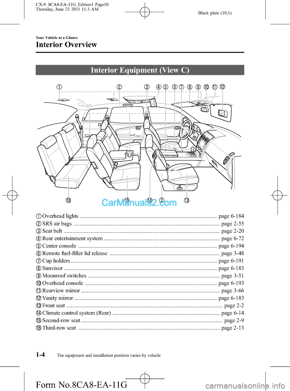 MAZDA MODEL CX-9 2012  Owners Manual (in English) Black plate (10,1)
Interior Equipment (View C)
Overhead lights ................................................................................................ page 6-184
SRS air bags ................
