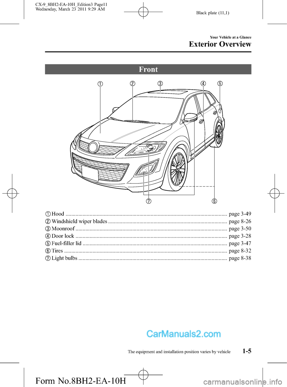 MAZDA MODEL CX-9 2011  Owners Manual (in English) Black plate (11,1)
Front
Hood .................................................................................................................. page 3-49
Windshield wiper blades .....................