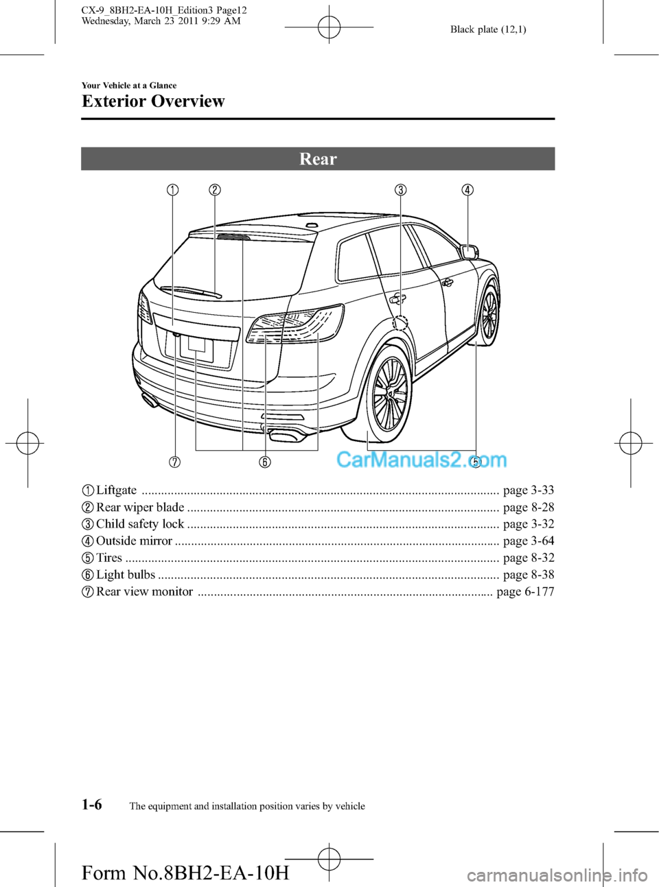MAZDA MODEL CX-9 2011  Owners Manual (in English) Black plate (12,1)
Rear
Liftgate .............................................................................................................. page 3-33
Rear wiper blade .............................