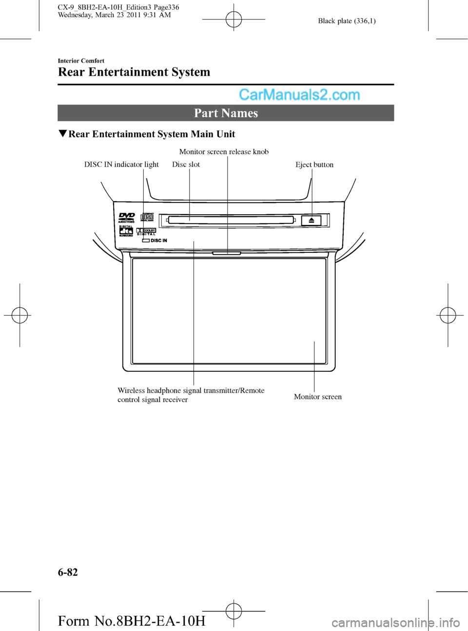 MAZDA MODEL CX-9 2011 Owners Manual (in English) Black plate (336,1)
Part Names
qRear Entertainment System Main Unit
Disc slot
Eject button
Wireless headphone signal transmitter/Remote
control signal receiverMonitor screen Monitor screen release kn MAZDA MODEL CX-9 2011 Owners Manual (in English) Black plate (336,1)
Part Names
qRear Entertainment System Main Unit
Disc slot
Eject button
Wireless headphone signal transmitter/Remote
control signal receiverMonitor screen Monitor screen release kn