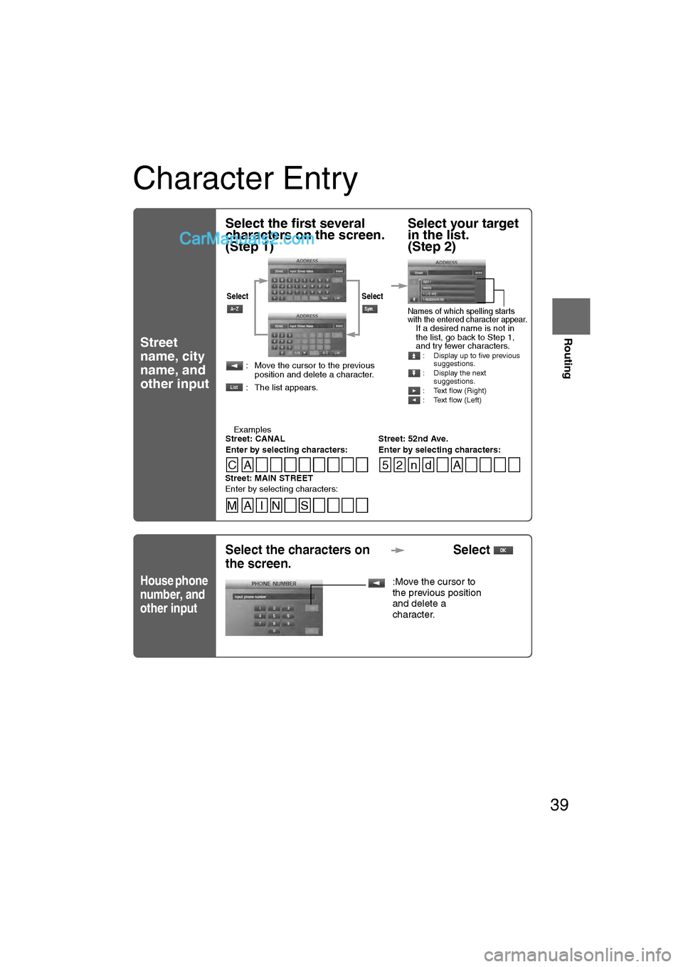 MAZDA MODEL CX-9 2011 Navigation Manual (in English) 39
Before
UseGetting
started
Routing
Character Entry
Street
name, city
name, and
other input
House phone
number, and
other input
Select the first several
characters on the screen.
(Step 1) Sele MAZDA MODEL CX-9 2011 Navigation Manual (in English) 39
Before
UseGetting
started
Routing
Character Entry
Street
name, city
name, and
other input
House phone
number, and
other input
Select the first several
characters on the screen.
(Step 1) Sele