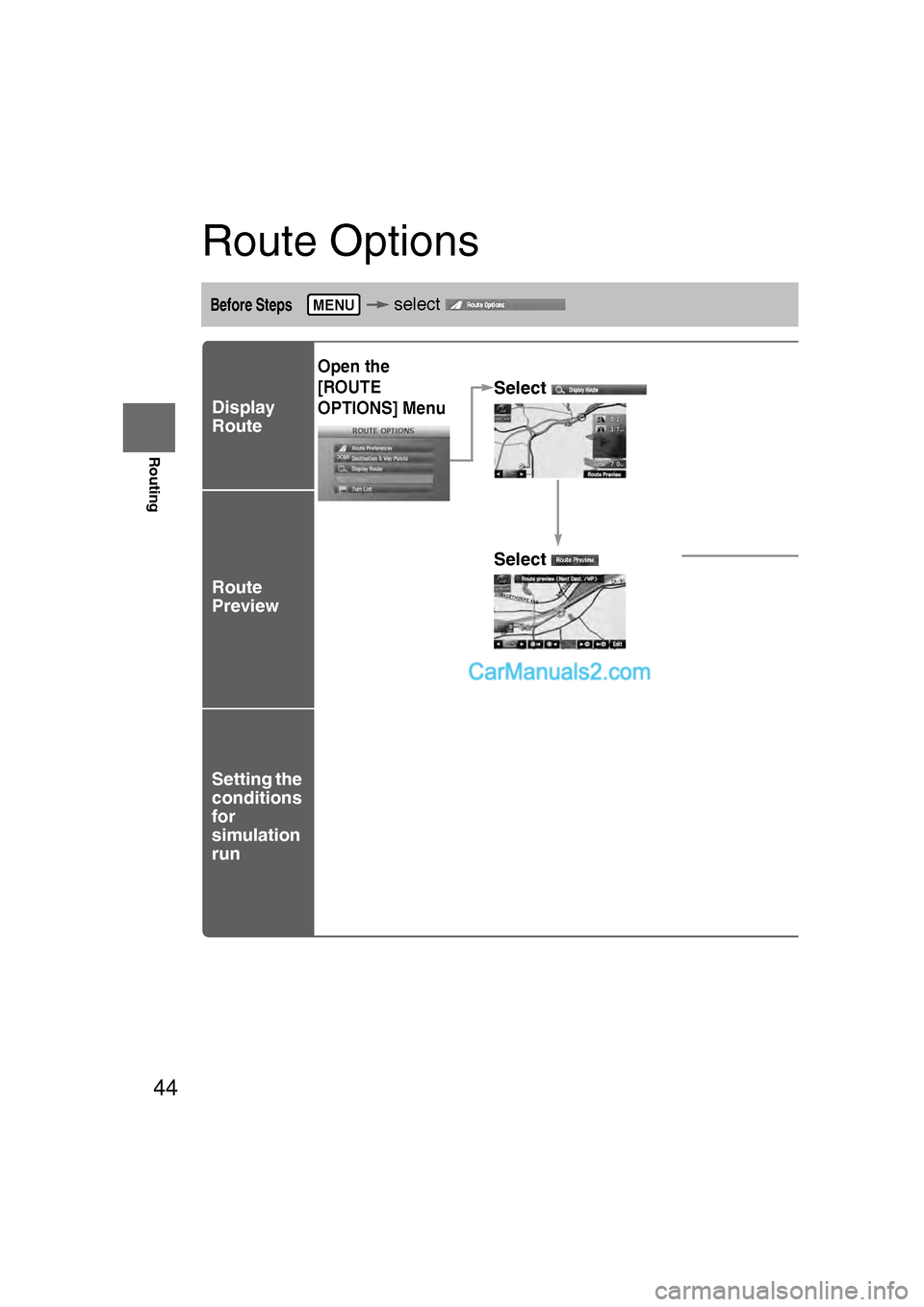 MAZDA MODEL CX-9 2011  Navigation Manual (in English) 44
Before 
UseGetting
started
Routing
Route Options
Before Steps  select 
 
Display 
Route
Route
Preview
Setting the 
conditions
for 
simulation 
run
MENU
Open the 
[ROUTE 
OPTIONS] Menu
Select
Select