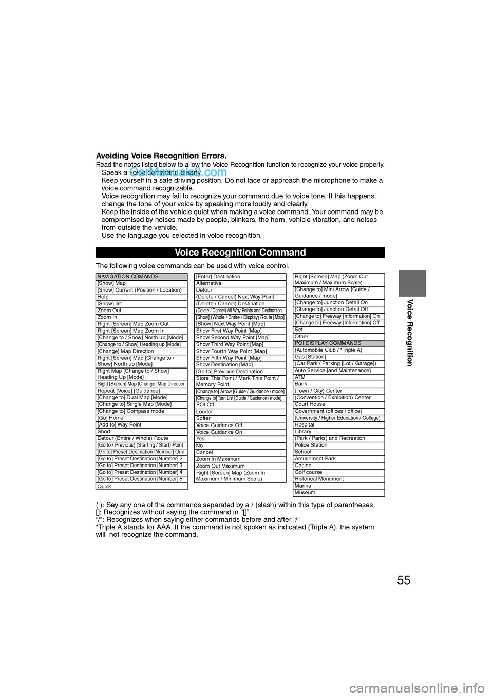 MAZDA MODEL CX-9 2011 Navigation Manual (in English) 55
Before
UseGetting
started
RoutingAddress
Book
Voice Recognition
Avoiding Voice Recognition Errors.
Read the notes listed below to allow the Voice Recognition function to recognize your voice prop MAZDA MODEL CX-9 2011 Navigation Manual (in English) 55
Before
UseGetting
started
RoutingAddress
Book
Voice Recognition
Avoiding Voice Recognition Errors.
Read the notes listed below to allow the Voice Recognition function to recognize your voice prop