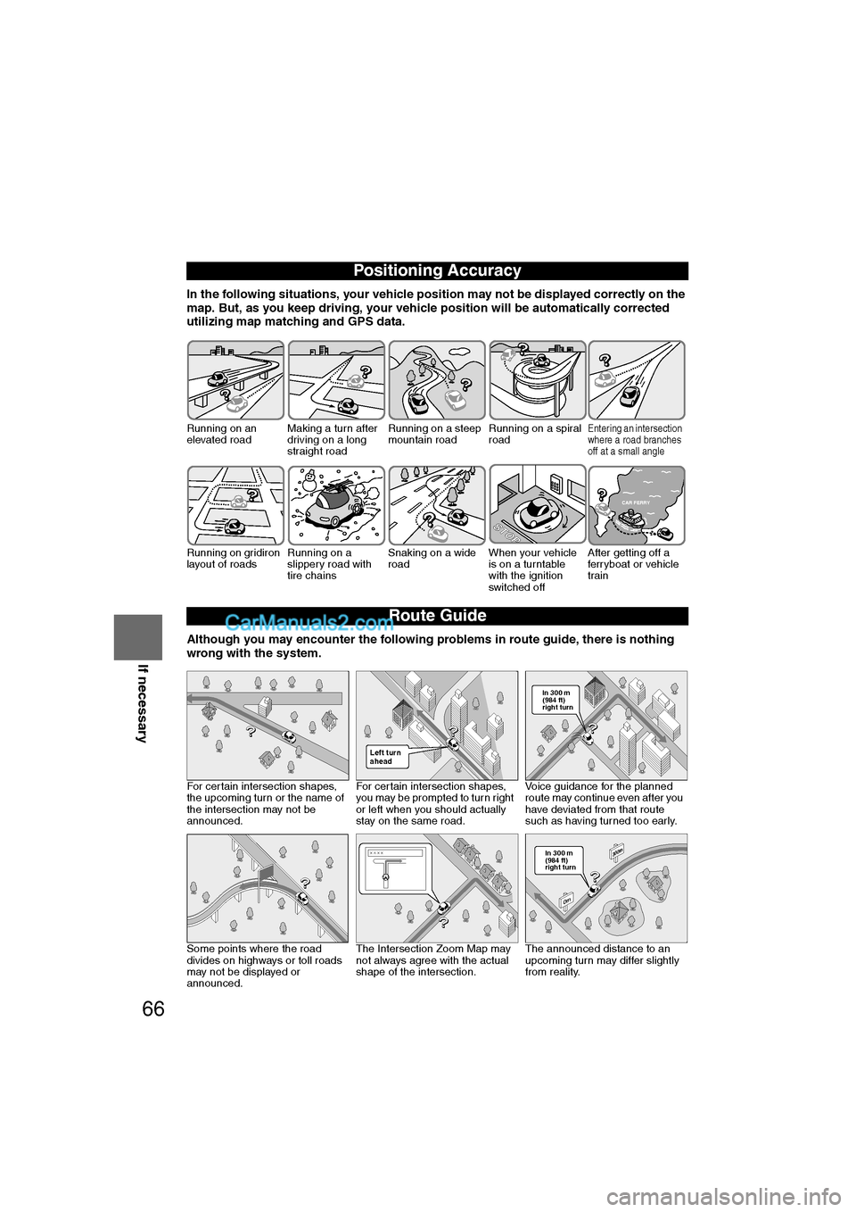 MAZDA MODEL CX-9 2011 Navigation Manual (in English) 66
Before
UseGetting
started
RoutingAddress
Book
Vo i c e Recognition
Navigation
Set Up
If necessary
In the following situations, your vehicle position may not be displayed correctly on the
map. MAZDA MODEL CX-9 2011 Navigation Manual (in English) 66
Before
UseGetting
started
RoutingAddress
Book
Vo i c e Recognition
Navigation
Set Up
If necessary
In the following situations, your vehicle position may not be displayed correctly on the
map.