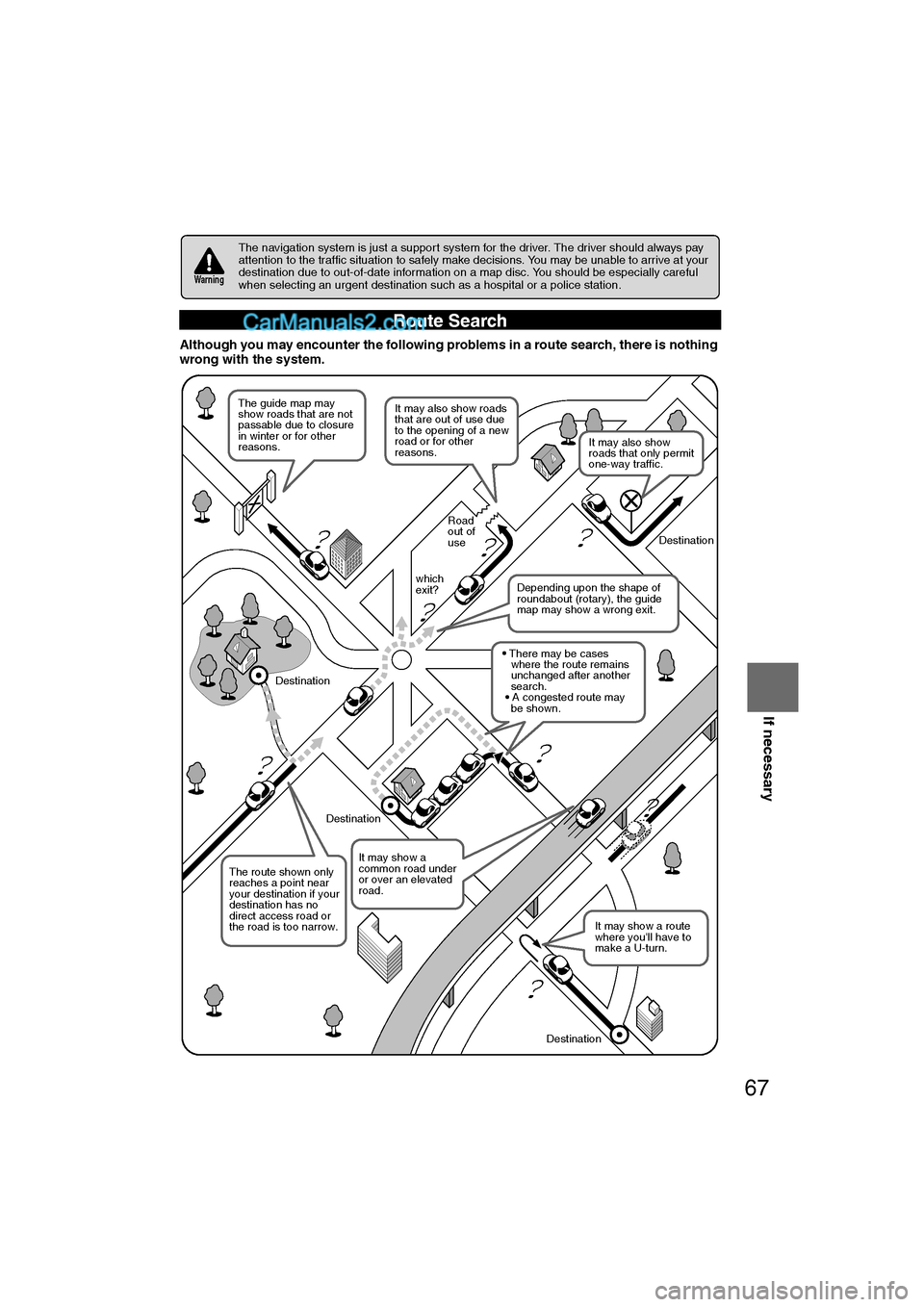 MAZDA MODEL CX-9 2011 Navigation Manual (in English) 67
Before
UseGetting
started
RoutingAddress
BookVo i c e
Recognition
Navigation
Set Up
If necessary
Although you may encounter the following problems in a route search, there is nothing
wrong wi MAZDA MODEL CX-9 2011 Navigation Manual (in English) 67
Before
UseGetting
started
RoutingAddress
BookVo i c e
Recognition
Navigation
Set Up
If necessary
Although you may encounter the following problems in a route search, there is nothing
wrong wi