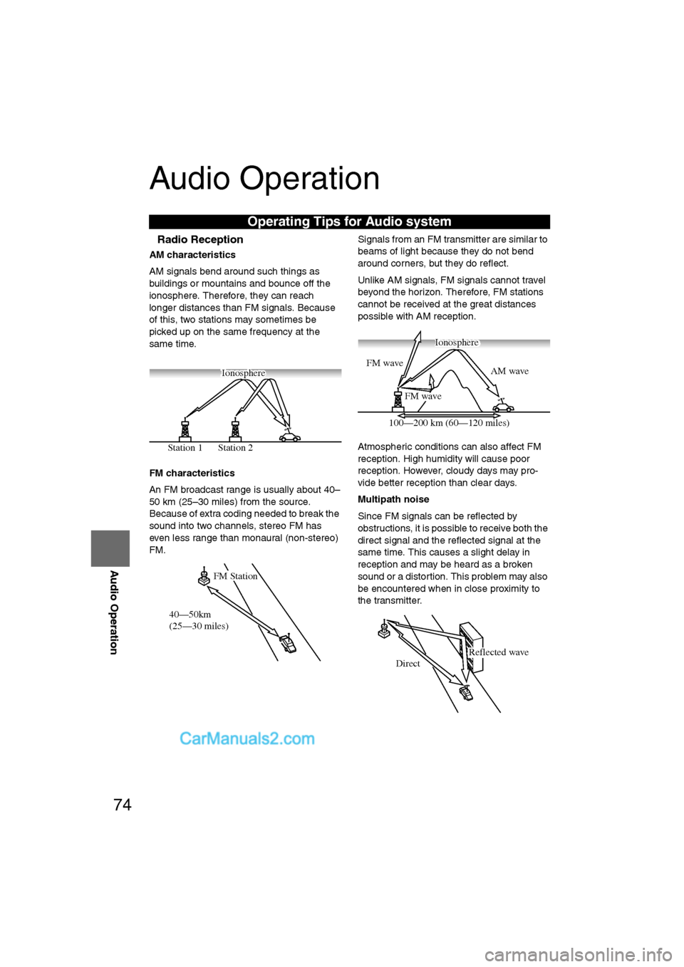 MAZDA MODEL CX-9 2011 Navigation Manual (in English) 74
Before
UseGetting
started
RoutingAddress
Book
Vo i c e Recognition
Navigation
Set Up
RDM-TMC
Audio Operation
Navigation
Set Up
Audio Operation
nRadio Reception
AM characteristics
AM signals be MAZDA MODEL CX-9 2011 Navigation Manual (in English) 74
Before
UseGetting
started
RoutingAddress
Book
Vo i c e Recognition
Navigation
Set Up
RDM-TMC
Audio Operation
Navigation
Set Up
Audio Operation
nRadio Reception
AM characteristics
AM signals be