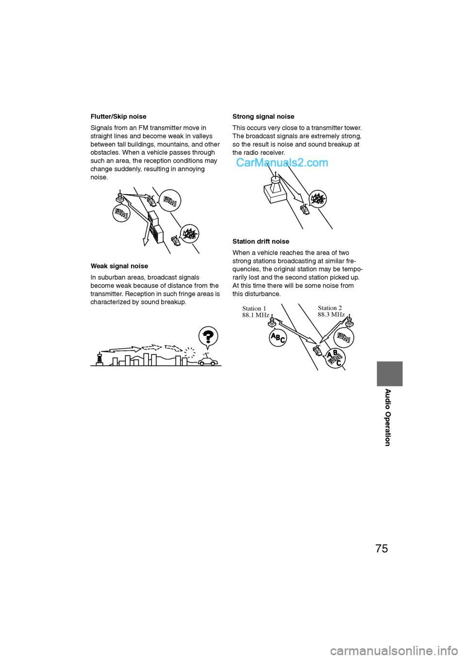 MAZDA MODEL CX-9 2011 Navigation Manual (in English) 75
Audio Operation
Flutter/Skip noise
Signals from an FM transmitter move in
straight lines and become weak in valleys
between tall buildings, mountains, and other
obstacles. When a vehicle passes MAZDA MODEL CX-9 2011 Navigation Manual (in English) 75
Audio Operation
Flutter/Skip noise
Signals from an FM transmitter move in
straight lines and become weak in valleys
between tall buildings, mountains, and other
obstacles. When a vehicle passes