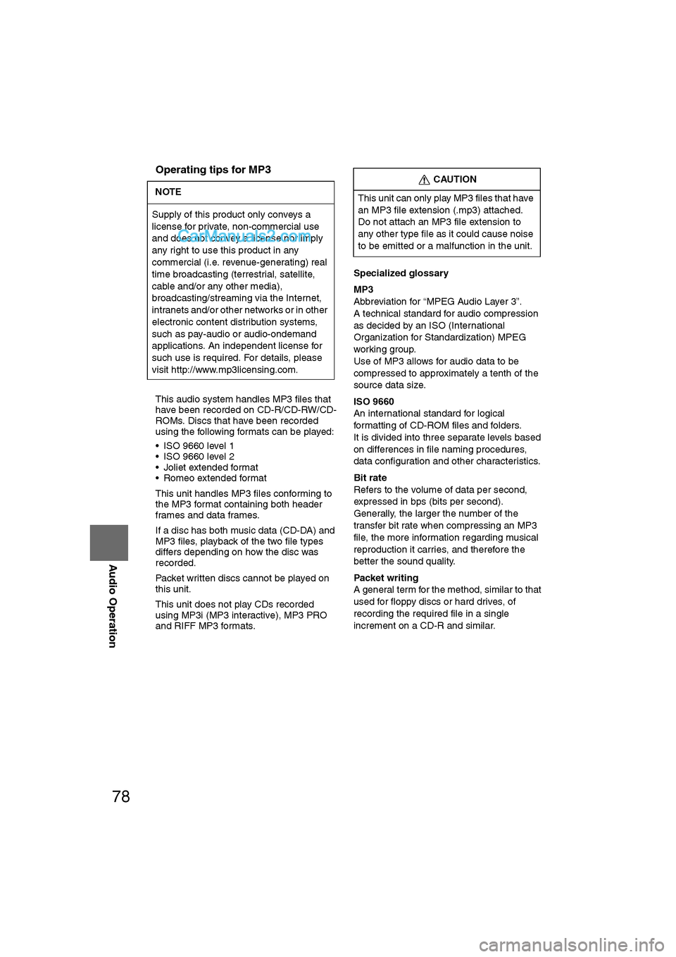 MAZDA MODEL CX-9 2011 Navigation Manual (in English) 78
Before
UseGetting
started
RoutingAddress
Book
Vo i c e Recognition
Navigation
Set Up
RDM-TMC
Audio Operation
Navigation
Set Up
nOperating tips for MP3
l
This audio system handles MP3 files tha MAZDA MODEL CX-9 2011 Navigation Manual (in English) 78
Before
UseGetting
started
RoutingAddress
Book
Vo i c e Recognition
Navigation
Set Up
RDM-TMC
Audio Operation
Navigation
Set Up
nOperating tips for MP3
l
This audio system handles MP3 files tha