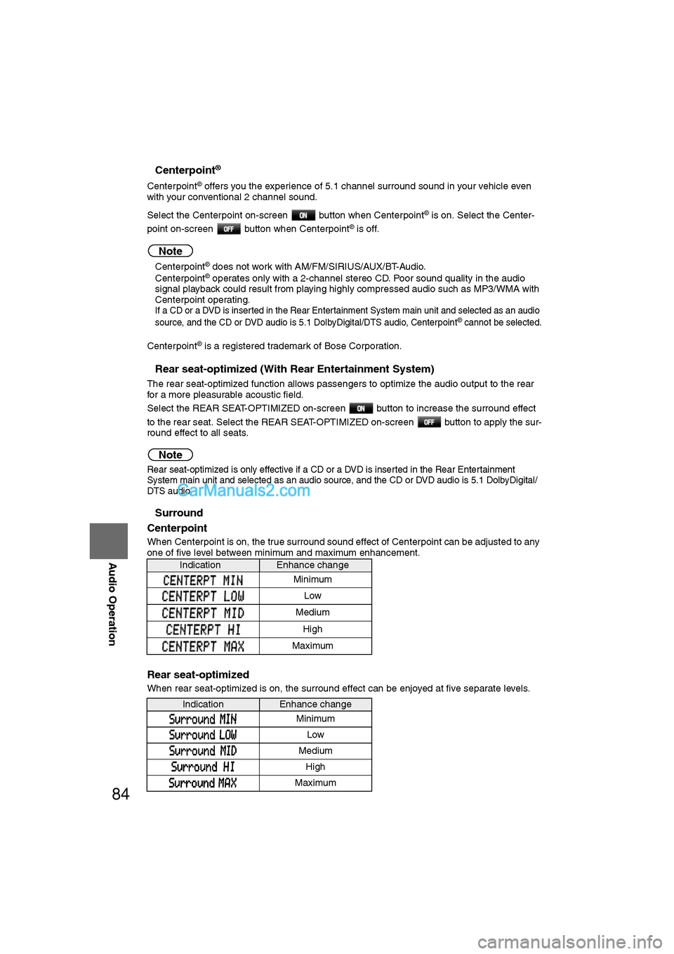 MAZDA MODEL CX-9 2011 Navigation Manual (in English) 84
Before
UseGetting
started
RoutingAddress
Book
Vo i c e Recognition
Navigation
Set Up
RDM-TMC
Audio Operation
Navigation
Set Up
nCenterpoint®
Centerpoint® offers you the experience of 5.1 cha MAZDA MODEL CX-9 2011 Navigation Manual (in English) 84
Before
UseGetting
started
RoutingAddress
Book
Vo i c e Recognition
Navigation
Set Up
RDM-TMC
Audio Operation
Navigation
Set Up
nCenterpoint®
Centerpoint® offers you the experience of 5.1 cha