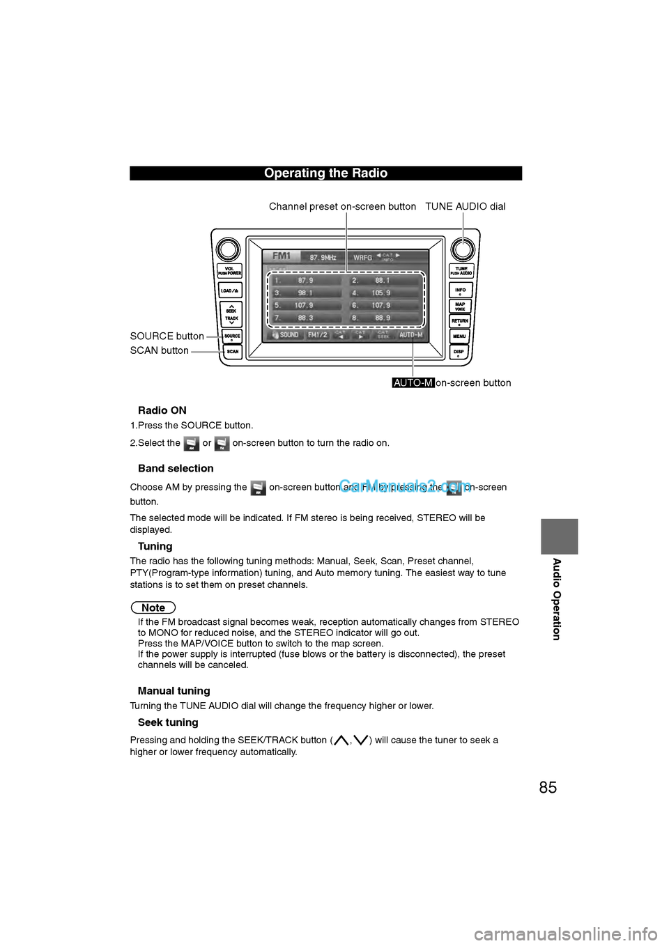 MAZDA MODEL CX-9 2011 Navigation Manual (in English) 85
Audio Operation
nRadio ON
1.Press the SOURCE button.
2.Select the or on-screen button to turn the radio on.
nBand selection
Choose AM by pressing the on-screen button and FM by pressing the MAZDA MODEL CX-9 2011 Navigation Manual (in English) 85
Audio Operation
nRadio ON
1.Press the SOURCE button.
2.Select the or on-screen button to turn the radio on.
nBand selection
Choose AM by pressing the on-screen button and FM by pressing the