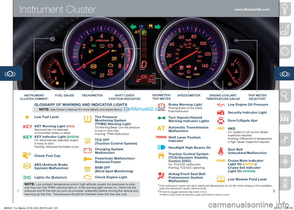 MAZDA MODEL CX-9 2011  Smart Start Guide (in English) Instrument Cluster
78
Low Fuel Level
KEy Warning Light 
(R ED )Advanced 	key 	not 	detected	  
or 	transmitter 	batter y 	is 	dead.
KE y Indicator Light (G REE n) 
On: 	Advanced 	key 	detected; 	engin