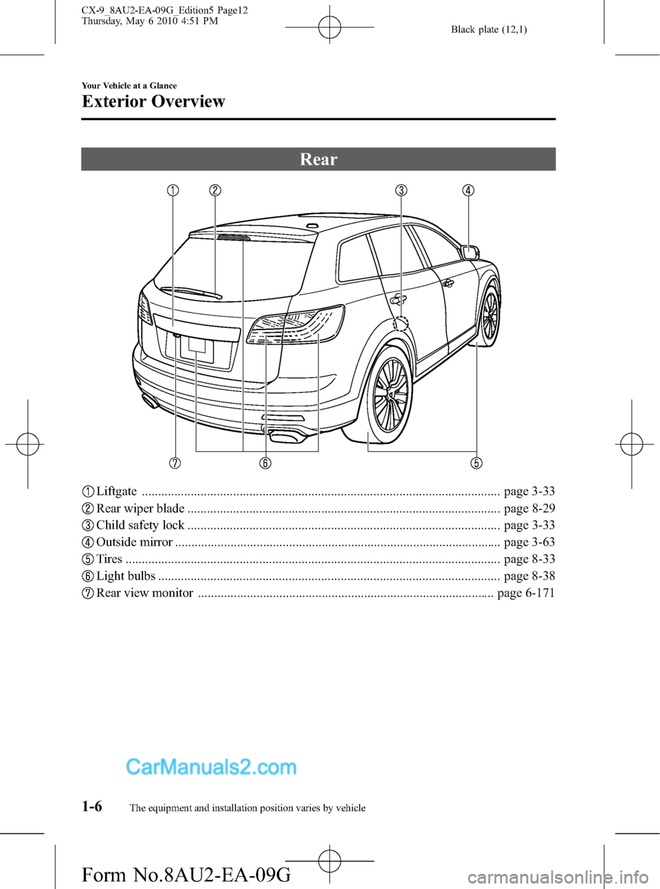 MAZDA MODEL CX-9 2010  Owners Manual (in English) Black plate (12,1)
Rear
Liftgate .............................................................................................................. page 3-33
Rear wiper blade .............................