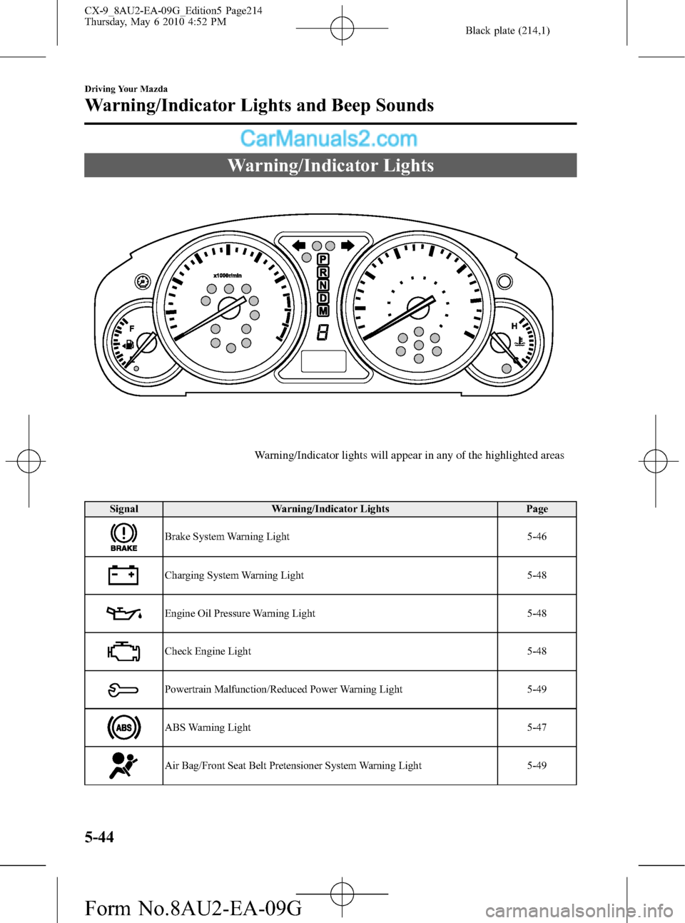 MAZDA MODEL CX-9 2010  Owners Manual (in English) Black plate (214,1)
Warning/Indicator Lights
Warning/Indicator lights will appear in any of the highlighted areas
Signal Warning/Indicator Lights Page
Brake System Warning Light 5-46
Charging System W