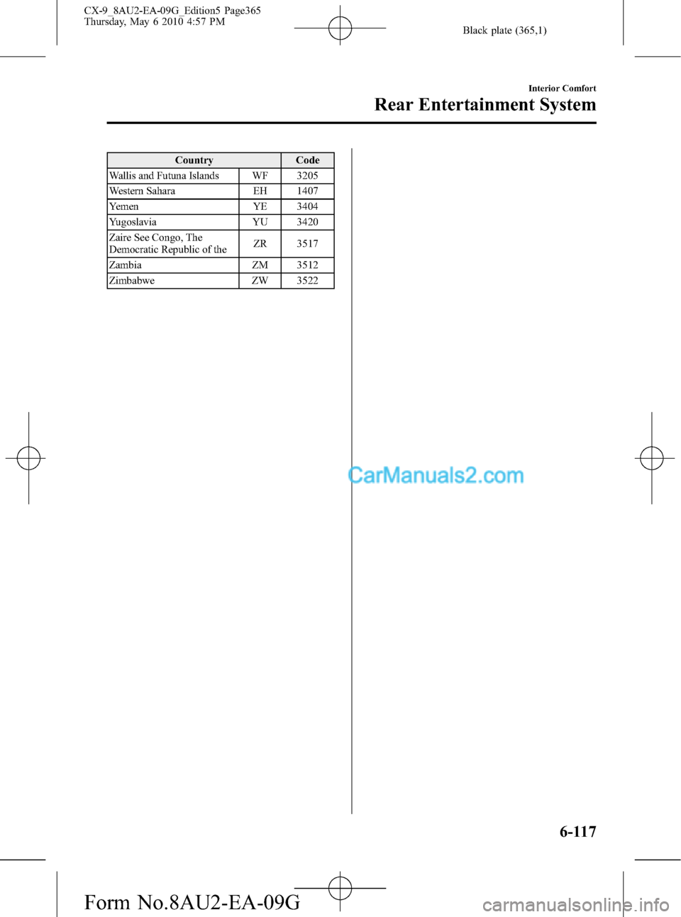 MAZDA MODEL CX-9 2010 Owners Manual (in English) Black plate (365,1)
Country Code
Wallis and Futuna Islands WF 3205
Western Sahara EH 1407
Yemen YE 3404
Yugoslavia YU 3420
Zaire See Congo, The
Democratic Republic of theZR 3517
Zambia ZM 3512
Zimbabw MAZDA MODEL CX-9 2010 Owners Manual (in English) Black plate (365,1)
Country Code
Wallis and Futuna Islands WF 3205
Western Sahara EH 1407
Yemen YE 3404
Yugoslavia YU 3420
Zaire See Congo, The
Democratic Republic of theZR 3517
Zambia ZM 3512
Zimbabw