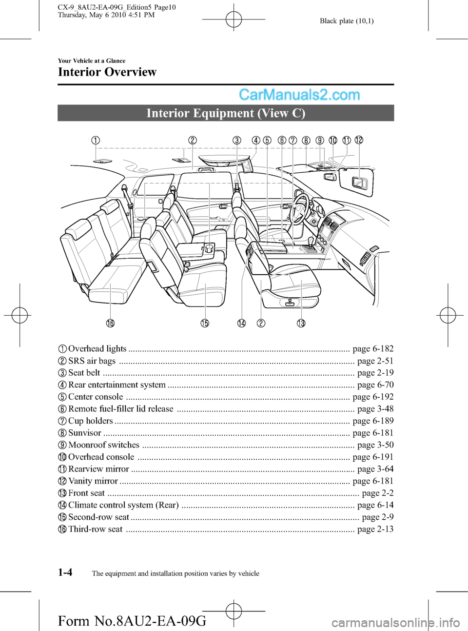 MAZDA MODEL CX-9 2010  Owners Manual (in English) Black plate (10,1)
Interior Equipment (View C)
Overhead lights ................................................................................................ page 6-182
SRS air bags ................