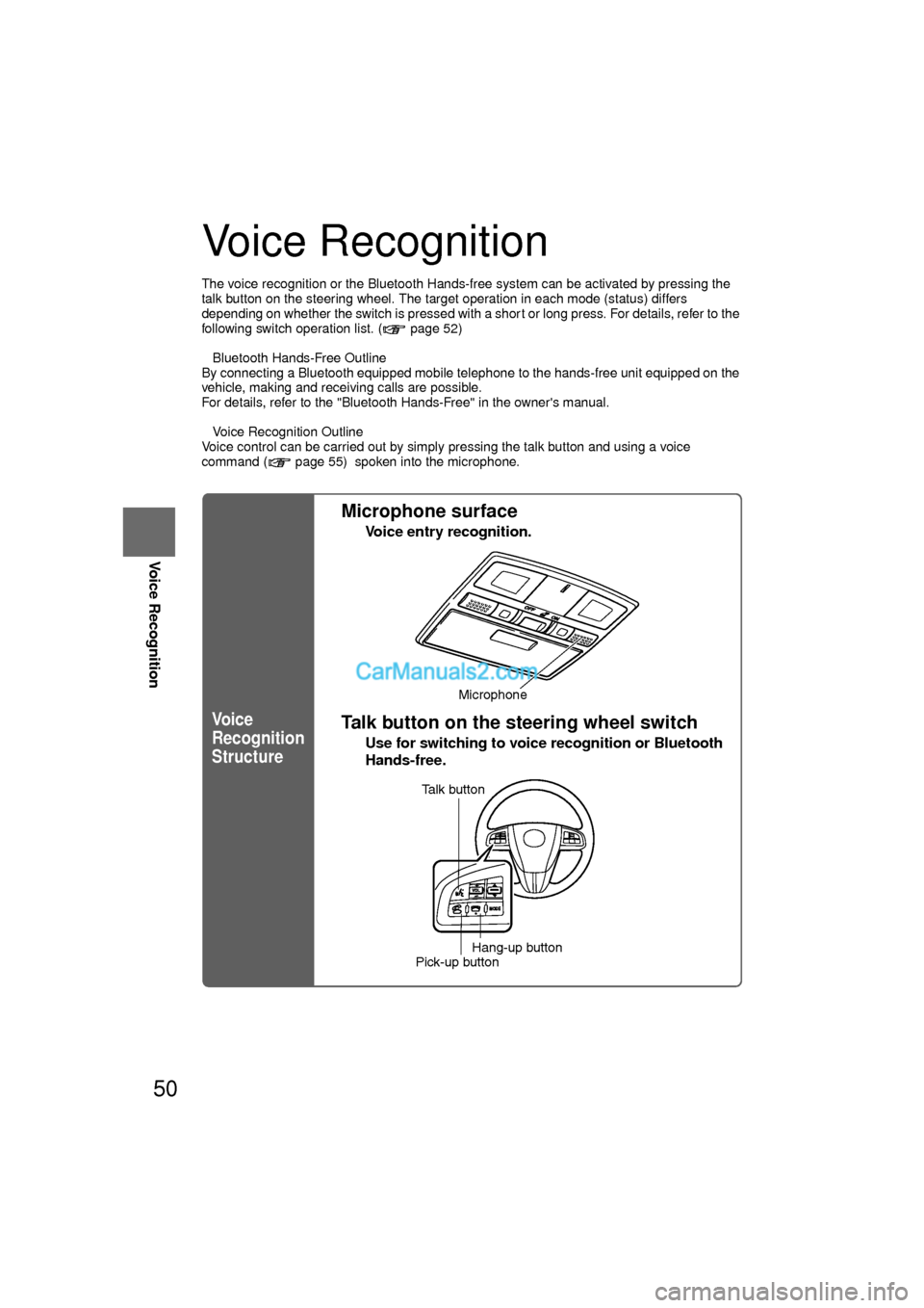 MAZDA MODEL CX-9 2010  Navigation Manual (in English) 50
Before 
UseGetting
started
RoutingAddress 
Book
Voice Recognition
Voice Recognition
The voice recognition or the Bluetooth Hands-free system can be activated by pressing the 
talk button on the ste