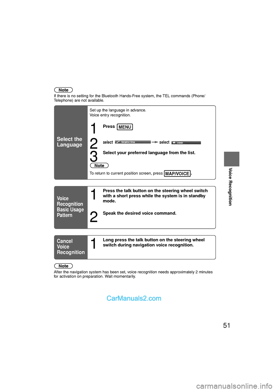 MAZDA MODEL CX-9 2010  Navigation Manual (in English) 51
Before 
UseGetting
started
RoutingAddress 
Book
Voice Recognition
Note
If there is no setting for the Bluetooth Hands-Free system, the TEL commands (Phone/
Telephone) are not available.
Note
After 