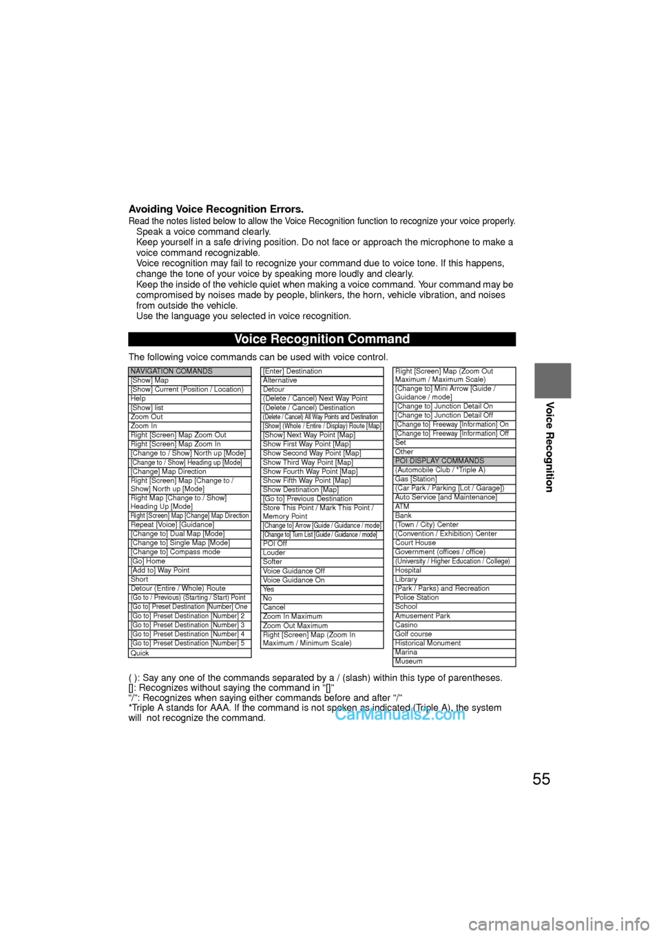 MAZDA MODEL CX-9 2010 Navigation Manual (in English) 55
Before
UseGetting
started
RoutingAddress
Book
Voice Recognition
Avoiding Voice Recognition Errors.
Read the notes listed below to allow the Voice Recognition function to recognize your voice prop MAZDA MODEL CX-9 2010 Navigation Manual (in English) 55
Before
UseGetting
started
RoutingAddress
Book
Voice Recognition
Avoiding Voice Recognition Errors.
Read the notes listed below to allow the Voice Recognition function to recognize your voice prop