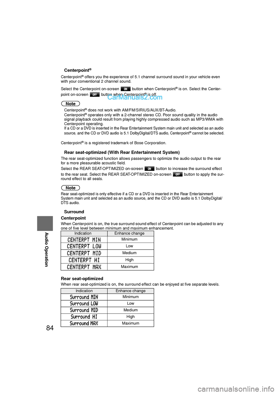 MAZDA MODEL CX-9 2010  Navigation Manual (in English) 84
Before 
UseGetting
started
RoutingAddress 
Book
Vo i c e  Recognition
Navigation 
Set Up
RDM-TMC
Audio Operation
Navigation 
Set Up
nCenterpoint®
Centerpoint® offers you the experience of 5.1 cha