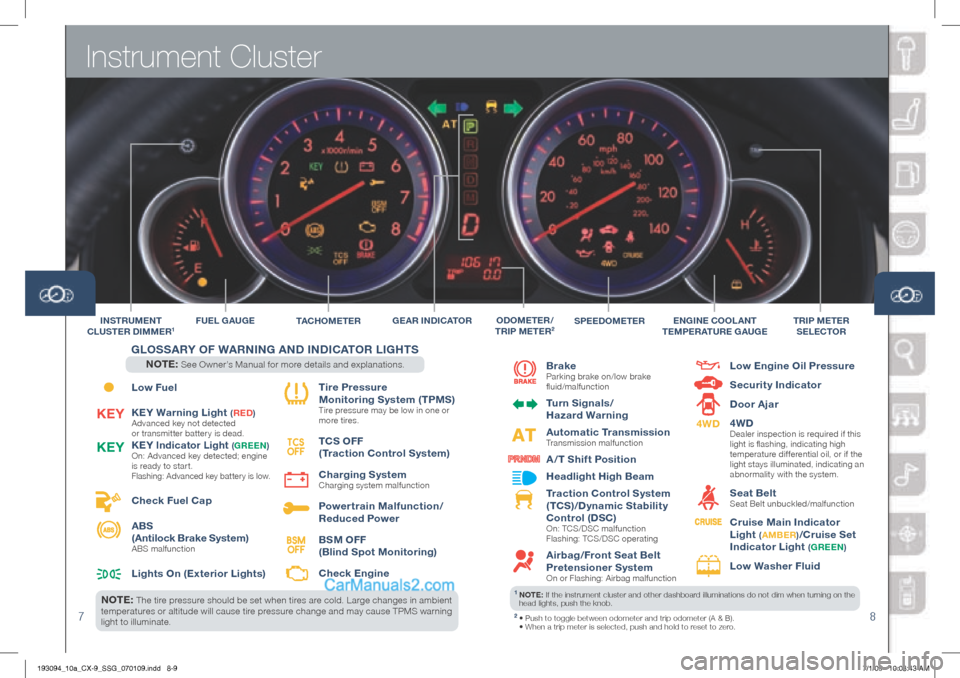 MAZDA MODEL CX-9 2010  Smart Start Guide (in English) Instrument Cluster
78
Low Fuel 
KEy Warning Light 
(rED ) 
Advanced 	key 	not 	detected	  
or	transmitter	battery	is	dead.  
KEy Indicator Light (Gr EEn ) 
On: 	Advanced 	key 	detected; 	engine	
is 	r