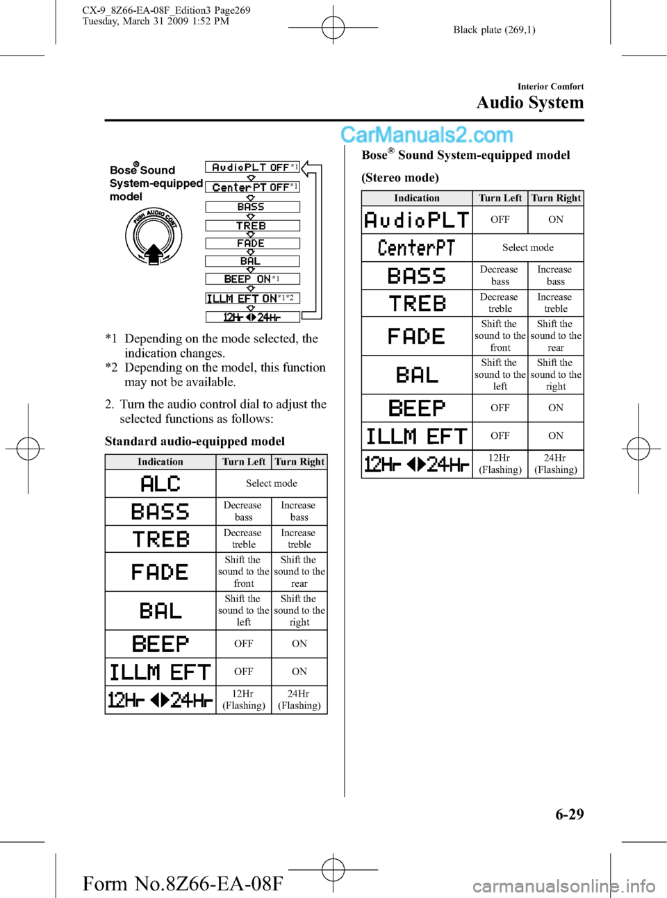 MAZDA MODEL CX-9 2009 Owners Manual (in English) Black plate (269,1)
Bose Sound
System-equipped
model
*1*2 *1*1
*1
*1 Depending on the mode selected, the
indication changes.
*2 Depending on the model, this function
may not be available.
2. Turn th MAZDA MODEL CX-9 2009 Owners Manual (in English) Black plate (269,1)
Bose Sound
System-equipped
model
*1*2 *1*1
*1
*1 Depending on the mode selected, the
indication changes.
*2 Depending on the model, this function
may not be available.
2. Turn th