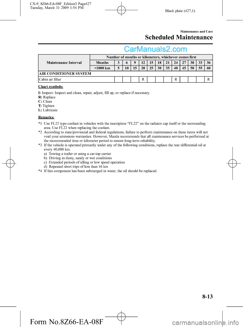 MAZDA MODEL CX-9 2009  Owners Manual (in English) Black plate (427,1)
Maintenance IntervalNumber of months or kilometers, whichever comes first
Months 3 6 9 12 15 18 21 24 27 30 33 36
×1000 km 5 10 15 20 25 30 35 40 45 50 55 60
AIR CONDITIONER SYSTE