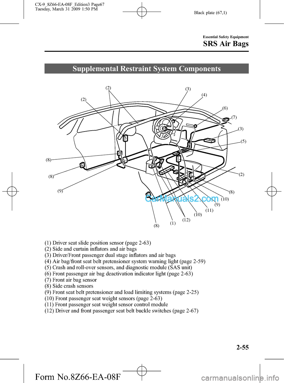 MAZDA MODEL CX-9 2009  Owners Manual (in English) Black plate (67,1)
Supplemental Restraint System Components
(1)(11)
(12)(7) (6)
(9)(5) (4) (3)
(3)
(10)(8)
(8) (8)
(2)
(10) (9) (8)(2)(2)
(1) Driver seat slide position sensor (page 2-63)
(2) Side and