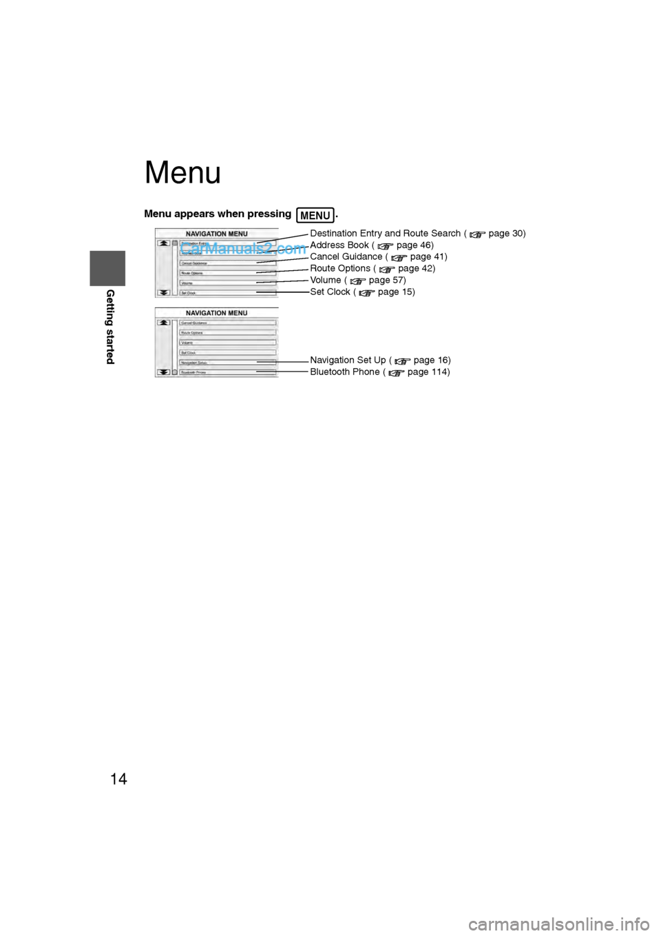 MAZDA MODEL CX-9 2009 Navigation Manual (in English) 14
RoutingAddress
Book
Getting started
Menu
Menu appears when pressing . MENU
Destination Entry and Route Search ( page 30)
Address Book ( page 46)
Cancel Guidance ( page 41)
Route Options ( page 42 MAZDA MODEL CX-9 2009 Navigation Manual (in English) 14
RoutingAddress
Book
Getting started
Menu
Menu appears when pressing . MENU
Destination Entry and Route Search ( page 30)
Address Book ( page 46)
Cancel Guidance ( page 41)
Route Options ( page 42