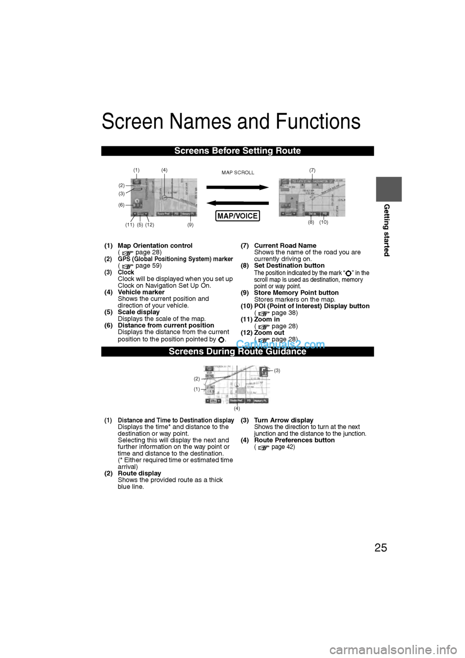MAZDA MODEL CX-9 2009 Navigation Manual (in English) 25
Getting started
Screen Names and Functions
Screens Before Setting Route
(1) Map Orientation control( page 28)
(2) GPS (Global Positioning System) marker( page 59)(3) ClockClock will be displayed wh MAZDA MODEL CX-9 2009 Navigation Manual (in English) 25
Getting started
Screen Names and Functions
Screens Before Setting Route
(1) Map Orientation control( page 28)
(2) GPS (Global Positioning System) marker( page 59)(3) ClockClock will be displayed wh