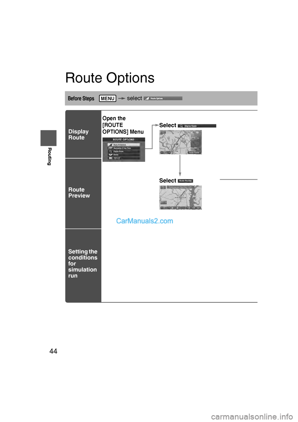 MAZDA MODEL CX-9 2009  Navigation Manual (in English) 44
Before 
UseGetting
started
Routing
Route Options
Before Steps  select 
 
Display 
Route
Route
Preview
Setting the 
conditions
for 
simulation 
run
MENU
Open the 
[ROUTE 
OPTIONS] Menu
Select
Select