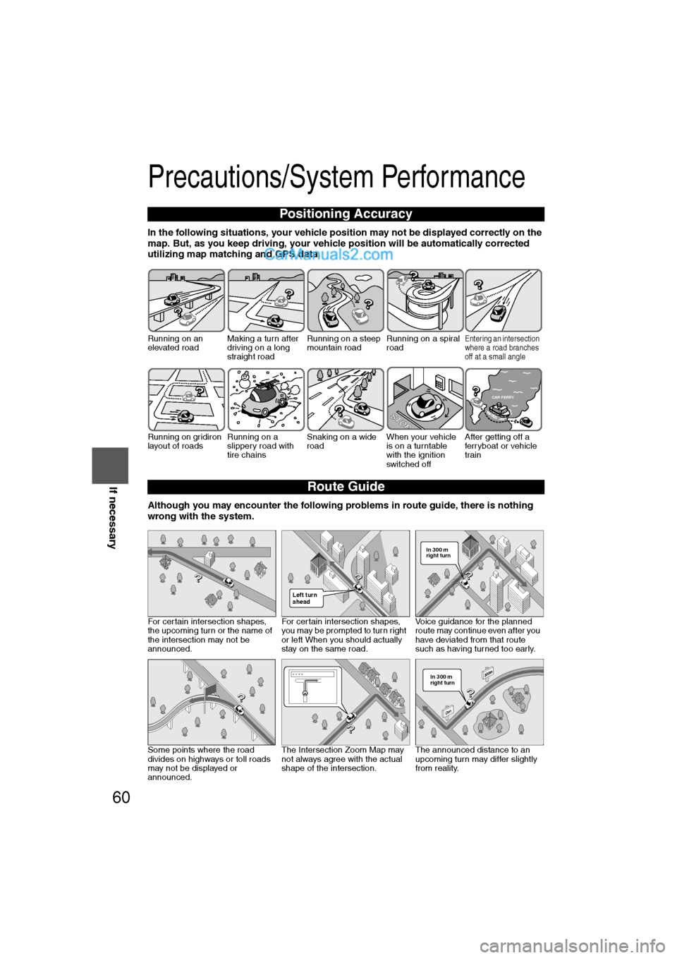 MAZDA MODEL CX-9 2009 Navigation Manual (in English) 60
Before
UseGetting
started
RoutingAddress
Book
Vo i c e Recognition
Navigation
Set Up
If necessary
Precautions/System Performance
In the following situations, your vehicle position may not be di MAZDA MODEL CX-9 2009 Navigation Manual (in English) 60
Before
UseGetting
started
RoutingAddress
Book
Vo i c e Recognition
Navigation
Set Up
If necessary
Precautions/System Performance
In the following situations, your vehicle position may not be di