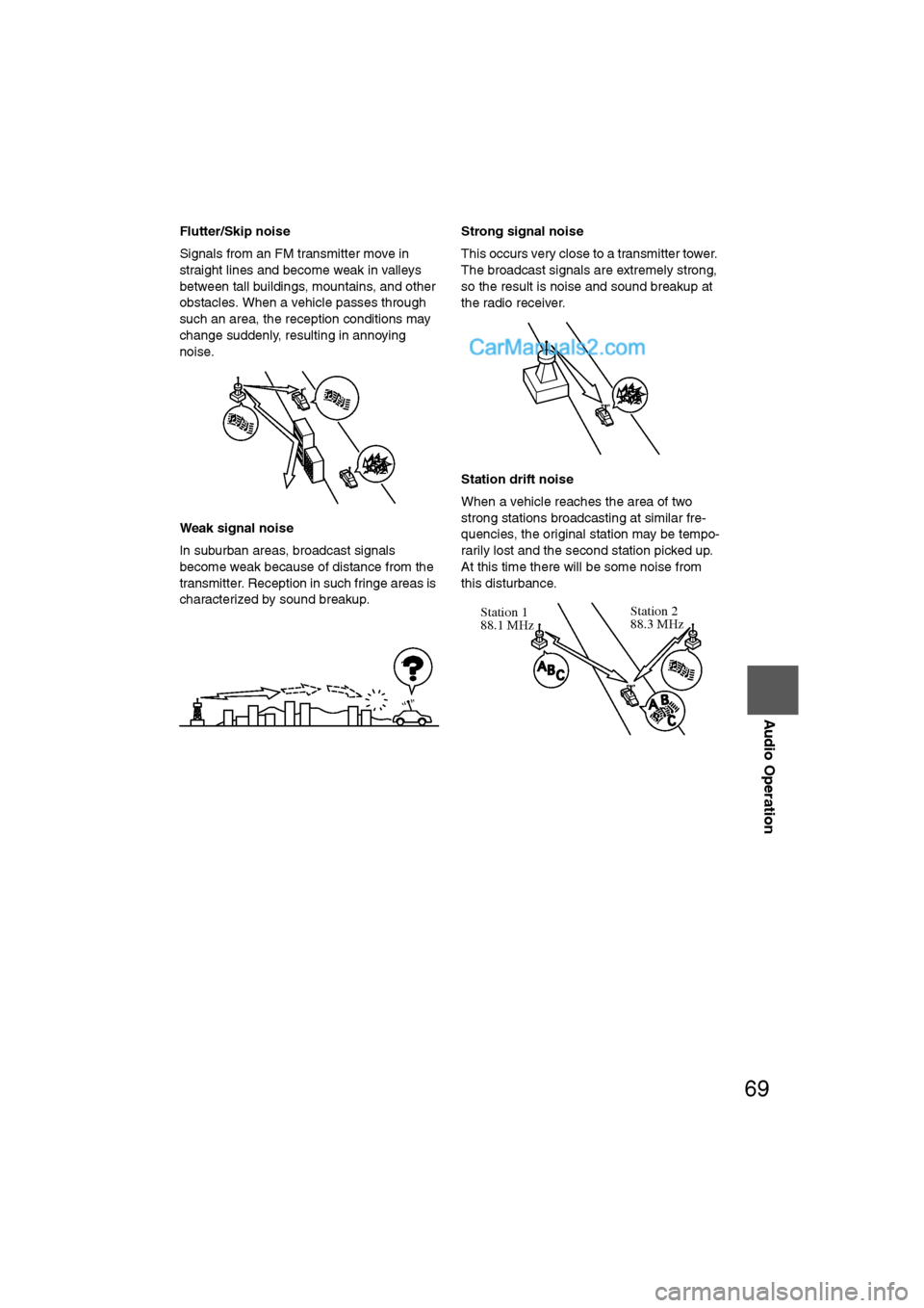 MAZDA MODEL CX-9 2009 Navigation Manual (in English) 69
Audio Operation
Flutter/Skip noise
Signals from an FM transmitter move in
straight lines and become weak in valleys
between tall buildings, mountains, and other
obstacles. When a vehicle passes MAZDA MODEL CX-9 2009 Navigation Manual (in English) 69
Audio Operation
Flutter/Skip noise
Signals from an FM transmitter move in
straight lines and become weak in valleys
between tall buildings, mountains, and other
obstacles. When a vehicle passes