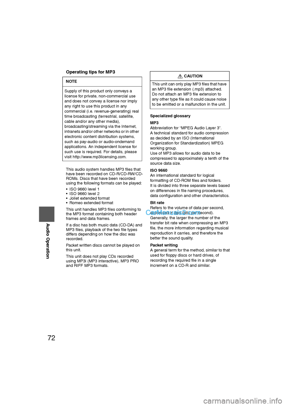 MAZDA MODEL CX-9 2009 Navigation Manual (in English) 72
Before
UseGetting
started
RoutingAddress
Book
Vo i c e Recognition
Navigation
Set Up
RDM-TMC
Audio Operation
Navigation
Set Up
nOperating tips for MP3
l
This audio system handles MP3 files tha MAZDA MODEL CX-9 2009 Navigation Manual (in English) 72
Before
UseGetting
started
RoutingAddress
Book
Vo i c e Recognition
Navigation
Set Up
RDM-TMC
Audio Operation
Navigation
Set Up
nOperating tips for MP3
l
This audio system handles MP3 files tha