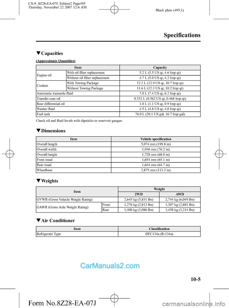 MAZDA MODEL CX-9 2008  Owners Manual (in English) Black plate (495,1)
qCapacities
(Approximate Quantities)
Item Capacity
Engine oilWith oil filter replacement 5.2 L (5.5 US qt, 4.6 Imp qt)
Without oil filter replacement 4.7 L (5.0 US qt, 4.2 Imp qt)
