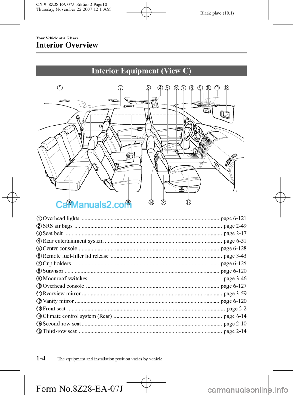 MAZDA MODEL CX-9 2008  Owners Manual (in English) Black plate (10,1)
Interior Equipment (View C)
Overhead lights ................................................................................................ page 6-121
SRS air bags ................