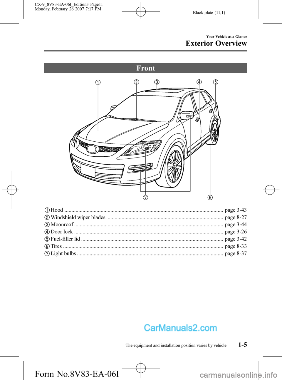MAZDA MODEL CX-9 2007  Owners Manual (in English) Black plate (11,1)
Front
Hood .................................................................................................................. page 3-43
Windshield wiper blades .....................