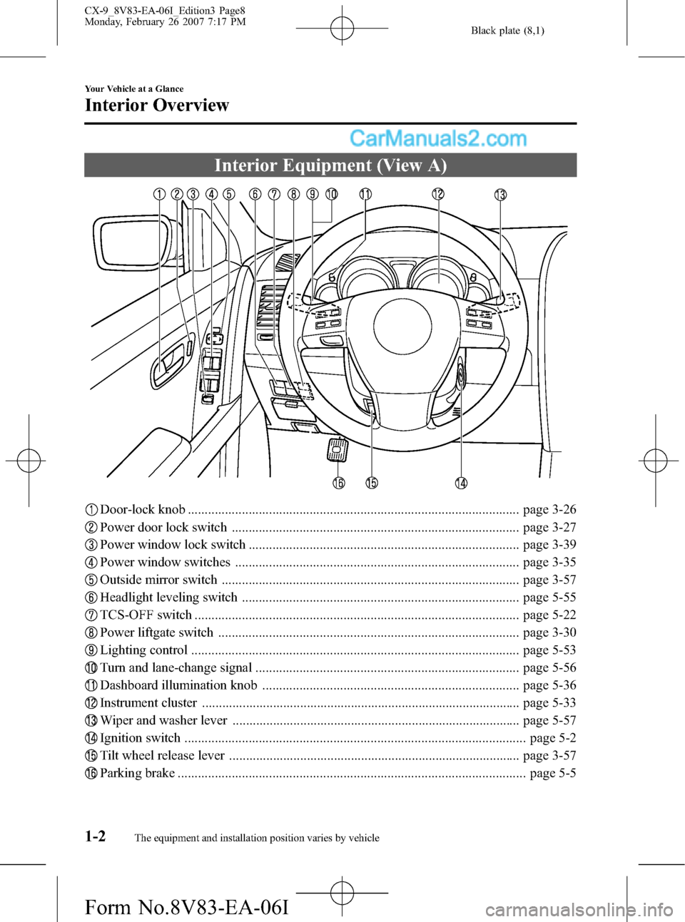 MAZDA MODEL CX-9 2007  Owners Manual (in English) Black plate (8,1)
Interior Equipment (View A)
Door-lock knob .................................................................................................. page 3-26
Power door lock switch .......