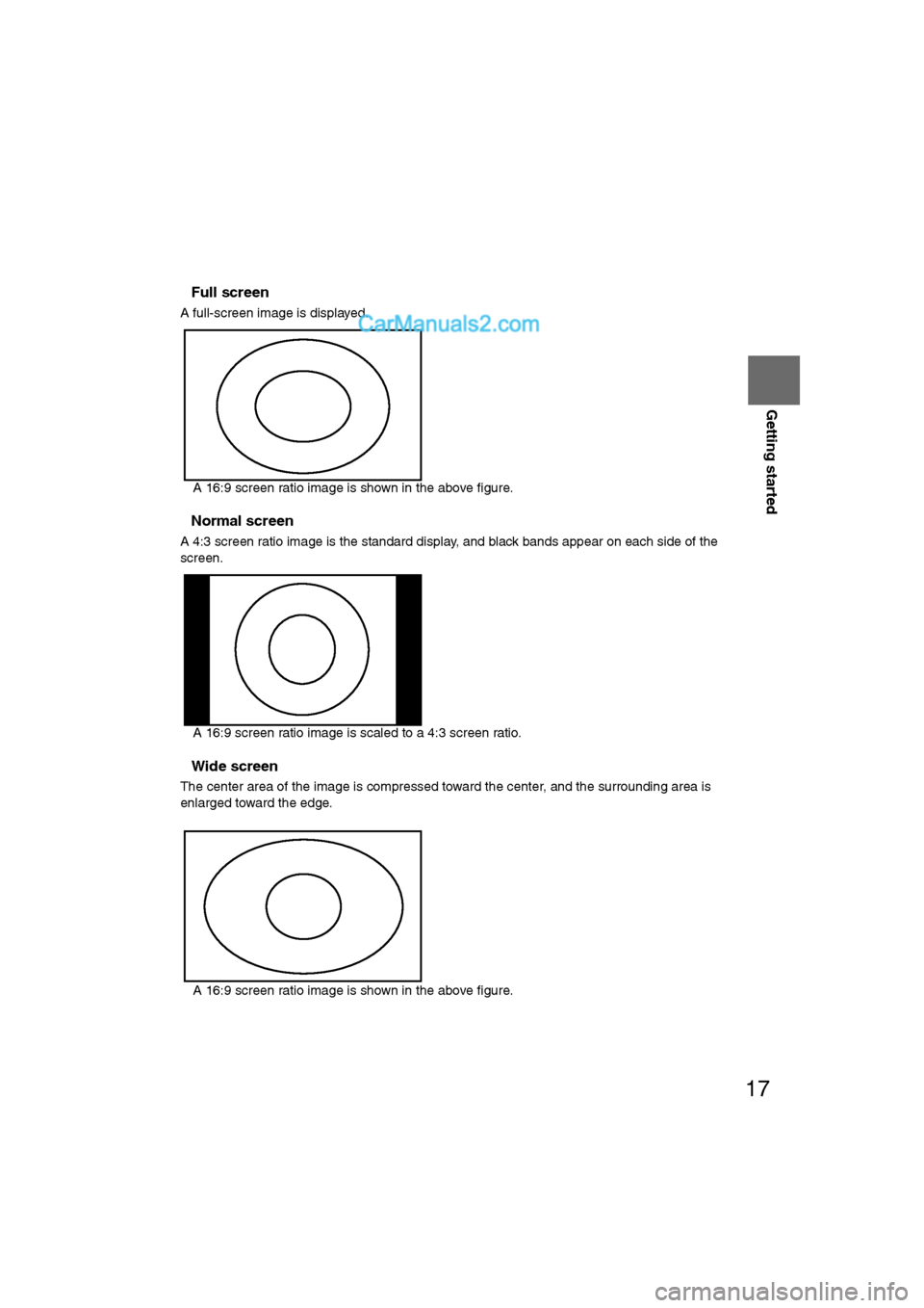 MAZDA MODEL CX-9 2007 Navigation Manual (in English) 17
Getting started
Ifnecessary
Rear View
Monitor
nFull screen
A full-screen image is displayed.
l A 16:9 screen ratio image is shown in the above figure.
nNormal screen
A 4:3 screen ratio image is th MAZDA MODEL CX-9 2007 Navigation Manual (in English) 17
Getting started
Ifnecessary
Rear View
Monitor
nFull screen
A full-screen image is displayed.
l A 16:9 screen ratio image is shown in the above figure.
nNormal screen
A 4:3 screen ratio image is th