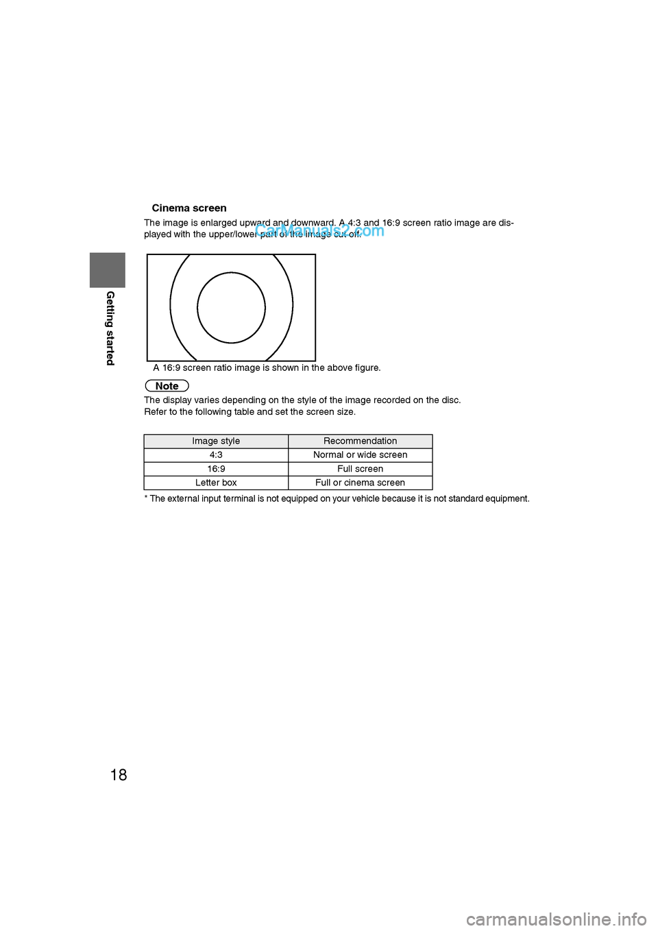 MAZDA MODEL CX-9 2007  Navigation Manual (in English) 18
RoutingAddress 
Book
Getting started
nCinema screen
The image is enlarged upward and downward. A 4:3 and 16:9 screen ratio image are dis-
played with the upper/lower part of the image cut off.
l A 