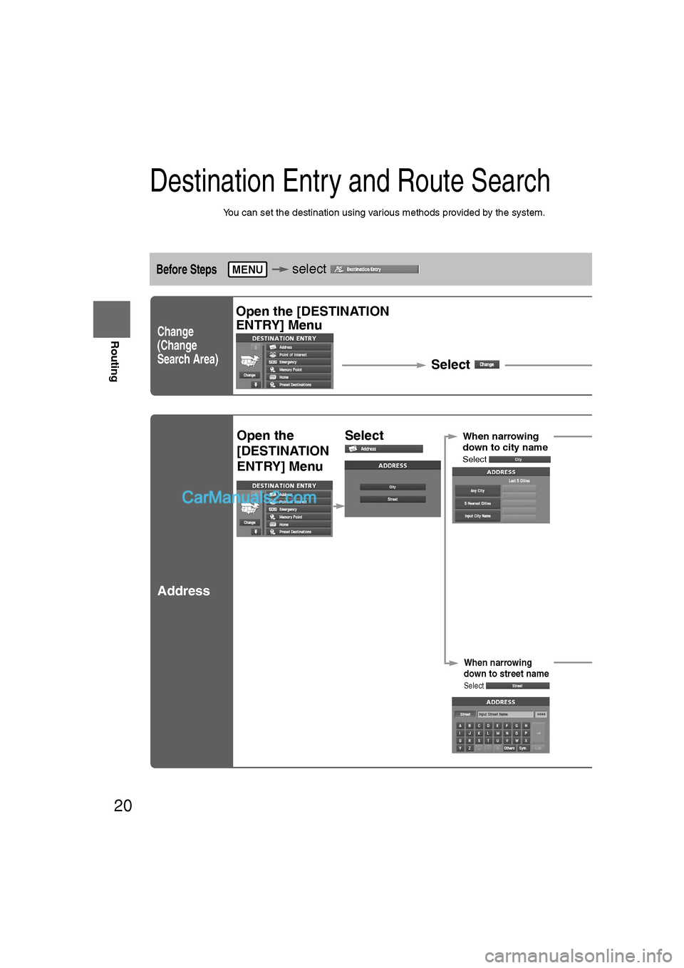 MAZDA MODEL CX-9 2007  Navigation Manual (in English) 20
RoutingAddress 
Book
Routing
Destination Entry and Route Search
l
You can set the destination using various methods provided by the system.
Before Steps  select   
Change 
(Change 
Search Area)
Add