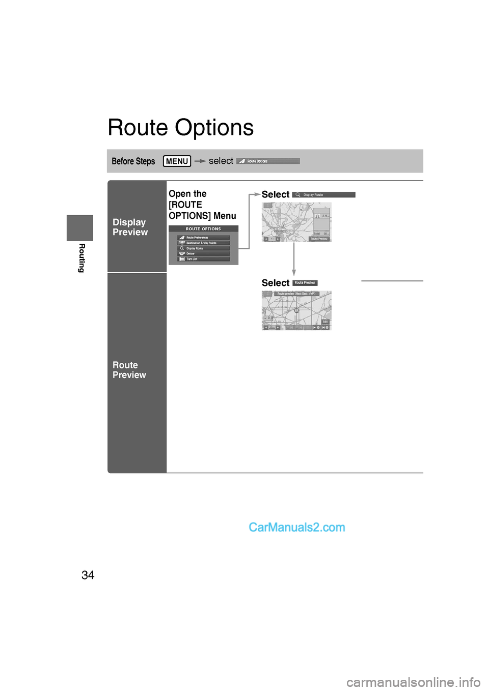 MAZDA MODEL CX-9 2007  Navigation Manual (in English) 34
RoutingAddress 
Book
Routing
Route Options
Before Steps  select 
 
Display 
Preview
Route
Preview
MENU
Open the 
[ROUTE 
OPTIONS] MenuSelect
Select
Use the but
 :Move 
 :
Carry o
will be 
 : Stop t