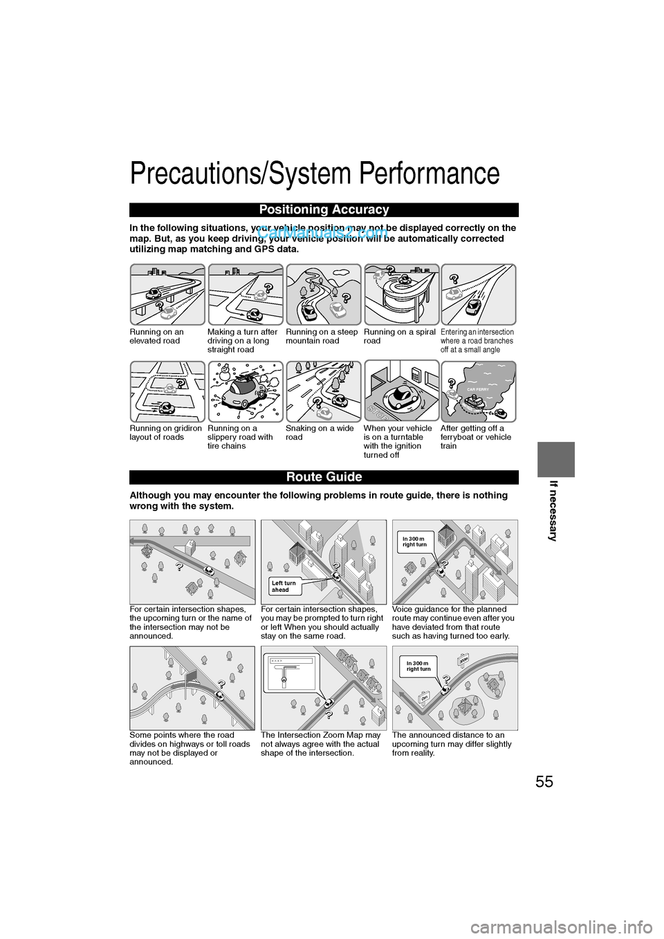 MAZDA MODEL CX-9 2007 Navigation Manual (in English) 55
If necessary
Precautions/System Performance
In the following situations, your vehicle position may not be displayed correctly on the
map. But, as you keep driving, your vehicle position will be au MAZDA MODEL CX-9 2007 Navigation Manual (in English) 55
If necessary
Precautions/System Performance
In the following situations, your vehicle position may not be displayed correctly on the
map. But, as you keep driving, your vehicle position will be au