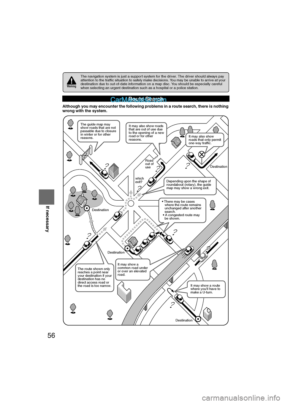 MAZDA MODEL CX-9 2007 Navigation Manual (in English) 56
RoutingAddress
Book
If necessary
Although you may encounter the following problems in a route search, there is nothing
wrong with the system.
The navigation system is just a support system for th MAZDA MODEL CX-9 2007 Navigation Manual (in English) 56
RoutingAddress
Book
If necessary
Although you may encounter the following problems in a route search, there is nothing
wrong with the system.
The navigation system is just a support system for th