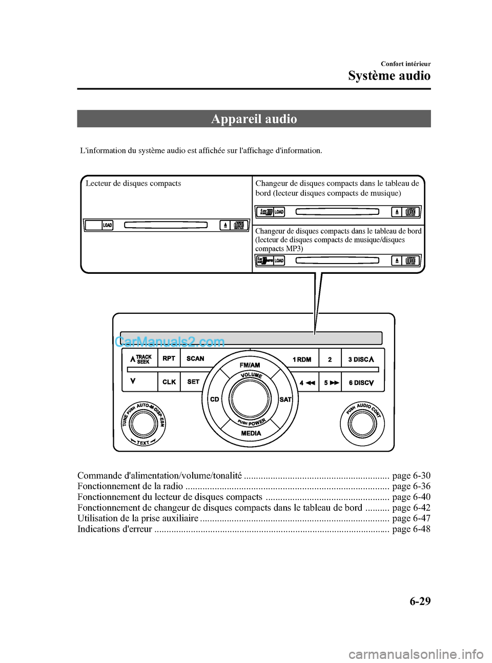 MAZDA MODEL CX-9 2007 Manuel du propriétaire (in French) Black plate (275,1)
Appareil audio
Linformation du système audio est affichée sur laffichage dinformation.
Changeur de disques compacts dans le tableau de
bord (lecteur disques compacts de musiq MAZDA MODEL CX-9 2007 Manuel du propriétaire (in French) Black plate (275,1)
Appareil audio
Linformation du système audio est affichée sur laffichage dinformation.
Changeur de disques compacts dans le tableau de
bord (lecteur disques compacts de musiq